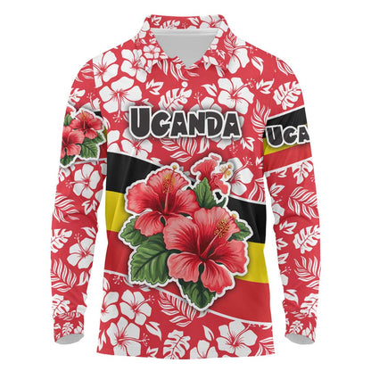 Uganda Long Sleeve Polo Shirt - Red Hibiscus Flowers and National Flag Design