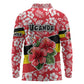 Uganda Long Sleeve Polo Shirt - Red Hibiscus Flowers and National Flag Design