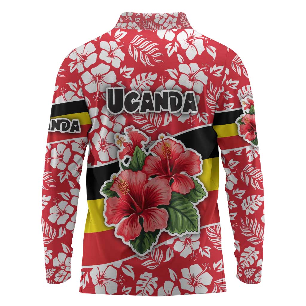 Uganda Long Sleeve Polo Shirt - Red Hibiscus Flowers and National Flag Design