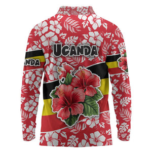 Uganda Long Sleeve Polo Shirt - Red Hibiscus Flowers and National Flag Design