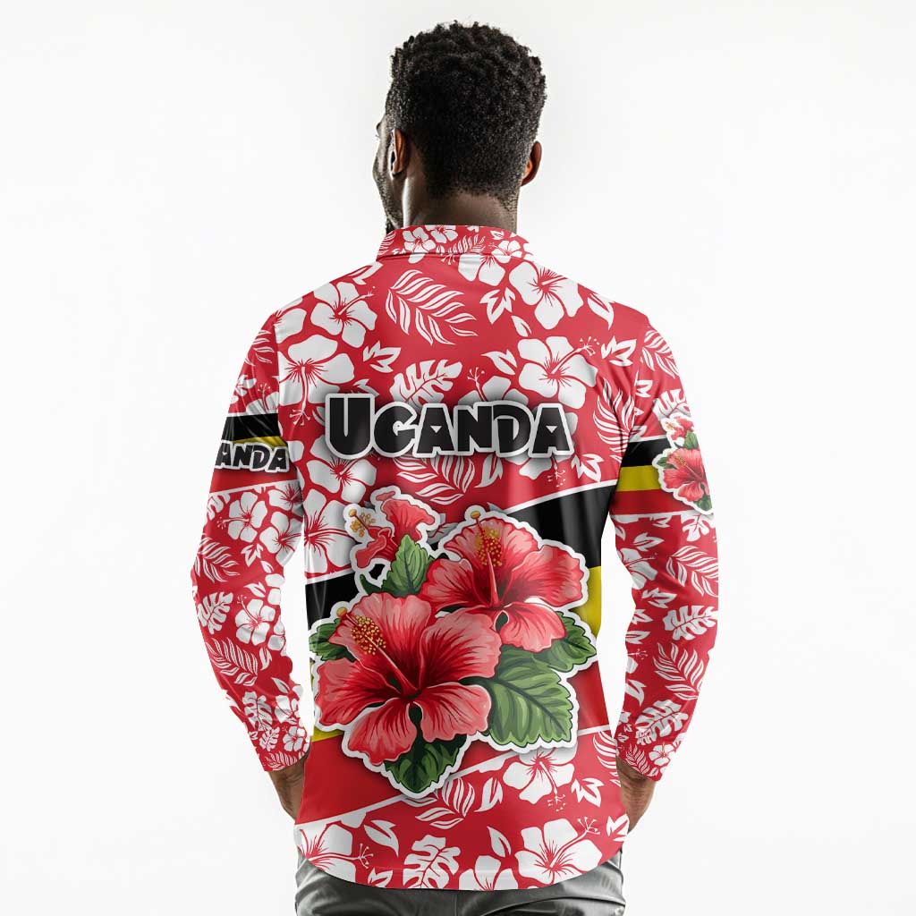 Uganda Long Sleeve Polo Shirt - Red Hibiscus Flowers and National Flag Design