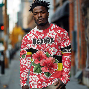 Uganda Long Sleeve Shirt - Red Hibiscus Flowers and National Flag Design