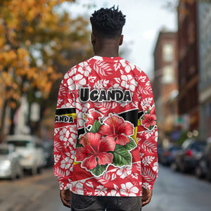 Uganda Long Sleeve Shirt - Red Hibiscus Flowers and National Flag Design
