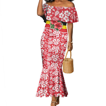 Uganda Mermaid Dress - Red Hibiscus Flowers and National Flag Design