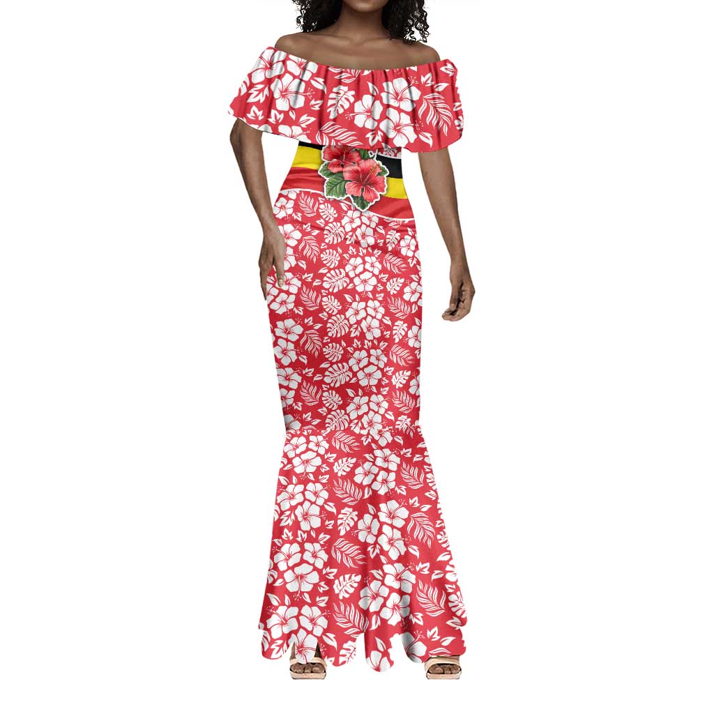 Uganda Mermaid Dress - Red Hibiscus Flowers and National Flag Design