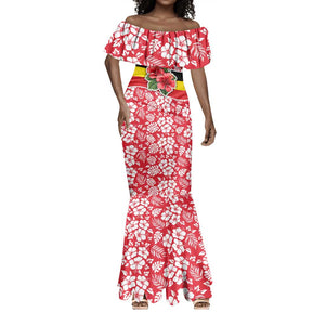 Uganda Mermaid Dress - Red Hibiscus Flowers and National Flag Design