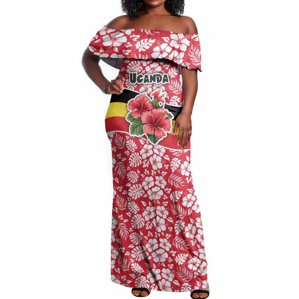 Uganda Off Shoulder Maxi Dress - Red Hibiscus Flowers and National Flag Design