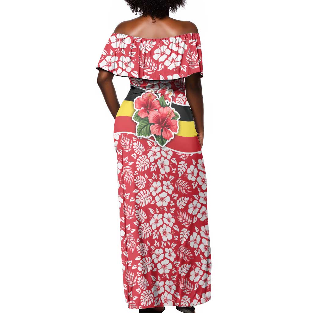 Uganda Off Shoulder Maxi Dress - Red Hibiscus Flowers and National Flag Design by AfricanPride Uganda Off Shoulder Maxi Dress - Red Hibiscus Flowers and National Flag Design by AfricanPride
