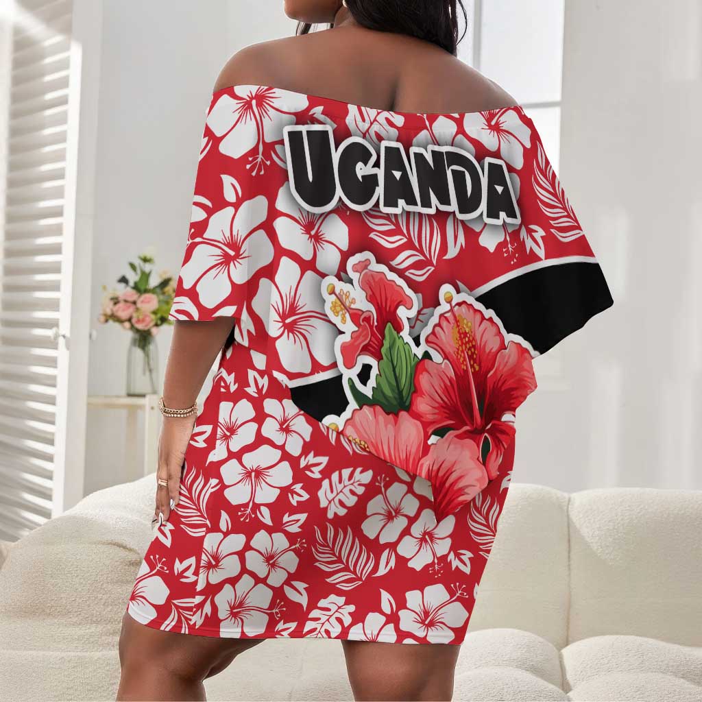 Uganda Off Shoulder Short Dress - Red Hibiscus Flowers and National Flag Design