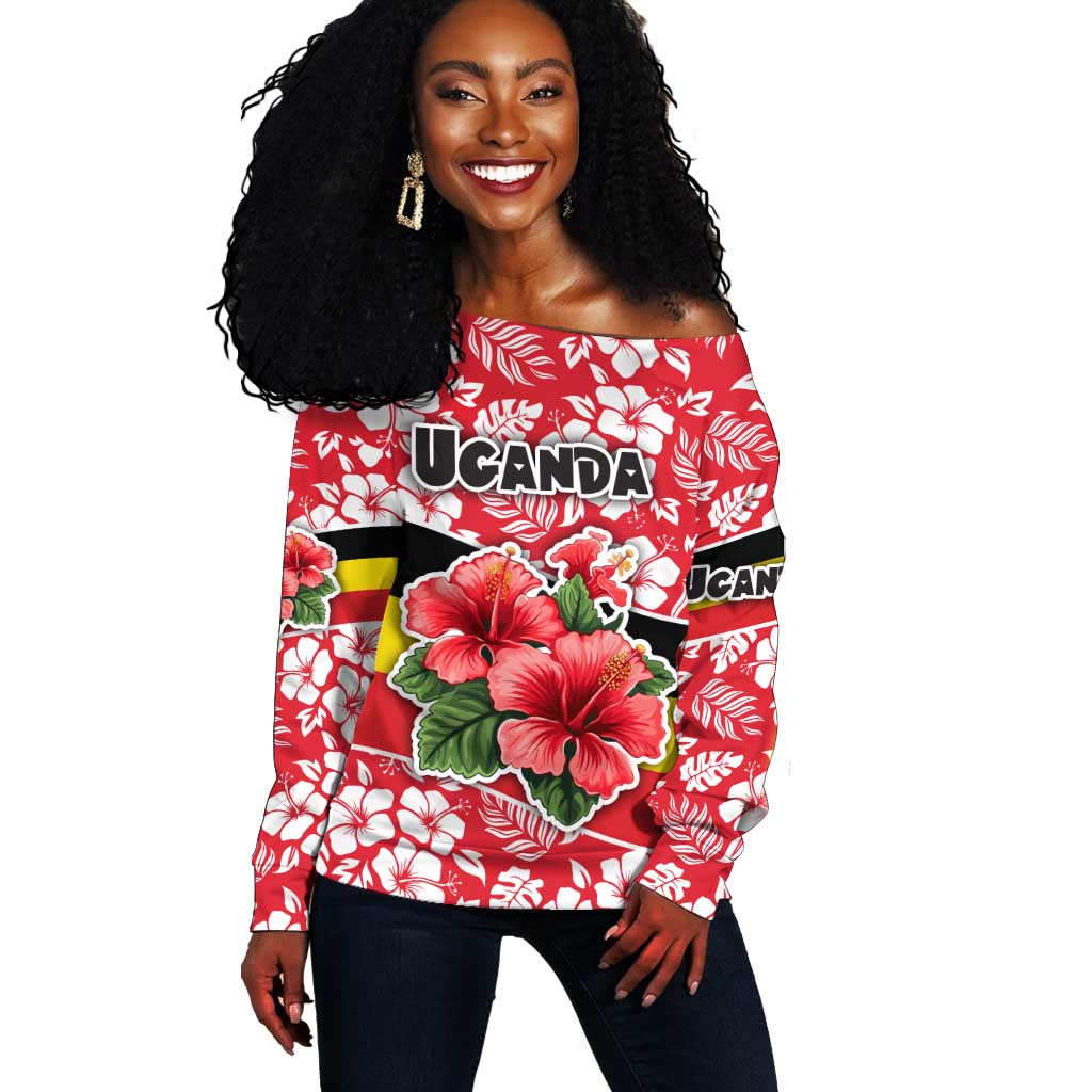 Uganda Off Shoulder Sweater - Red Hibiscus Flowers and National Flag Design