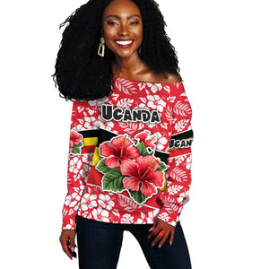 Uganda Off Shoulder Sweater - Red Hibiscus Flowers and National Flag Design