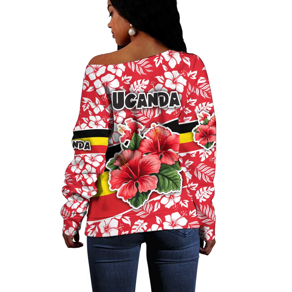 Uganda Off Shoulder Sweater - Red Hibiscus Flowers and National Flag Design