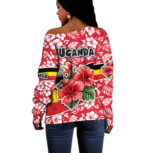 Uganda Off Shoulder Sweater - Red Hibiscus Flowers and National Flag Design