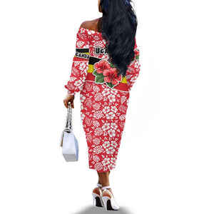 Uganda Off The Shoulder Long Sleeve Dress - Red Hibiscus Flowers and National Flag Design