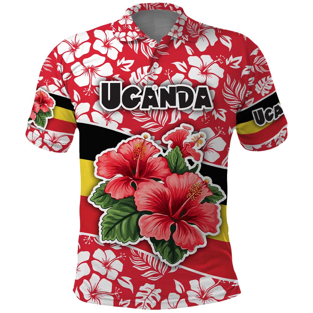 Uganda Polo Shirt - Red Hibiscus Flowers and National Flag Design