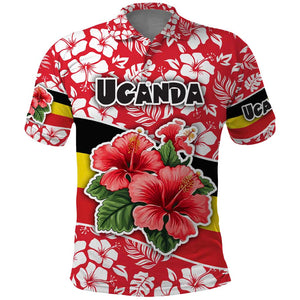 Uganda Polo Shirt - Red Hibiscus Flowers and National Flag Design