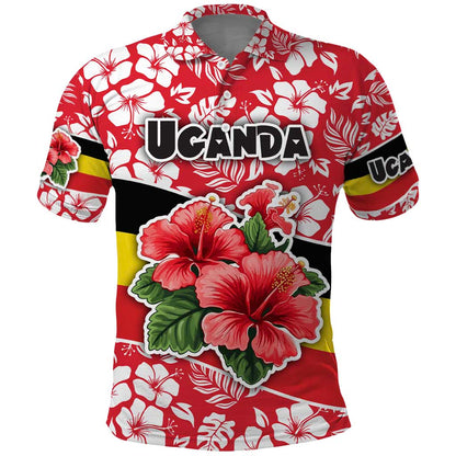 Uganda Polo Shirt - Red Hibiscus Flowers and National Flag Design