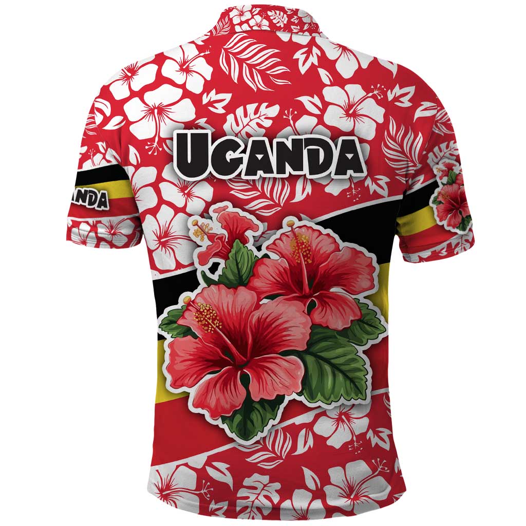 Uganda Polo Shirt - Red Hibiscus Flowers and National Flag Design