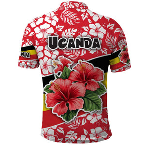 Uganda Polo Shirt - Red Hibiscus Flowers and National Flag Design