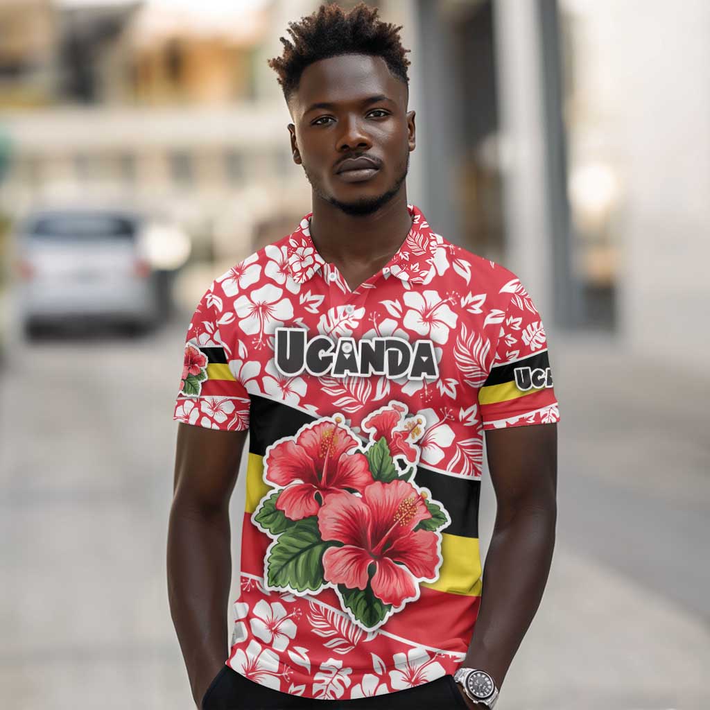 Uganda Polo Shirt - Red Hibiscus Flowers and National Flag Design