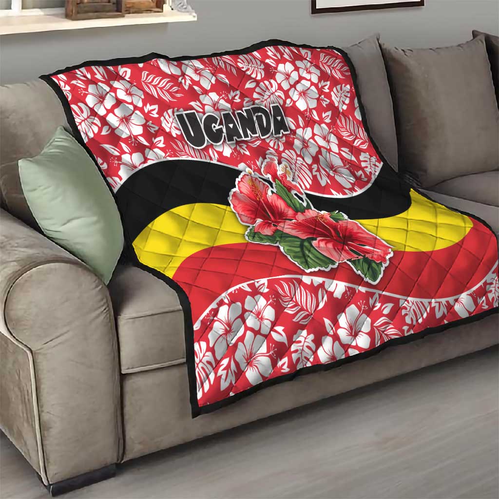 Uganda Quilt - Red Hibiscus Flowers and National Flag Design