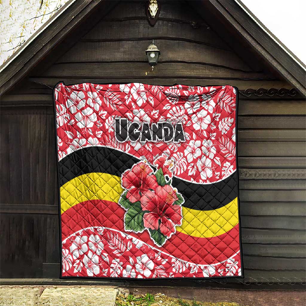Uganda Quilt - Red Hibiscus Flowers and National Flag Design