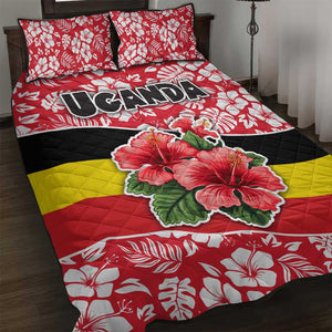 Uganda Quilt Bed Set - Red Hibiscus Flowers and National Flag Design