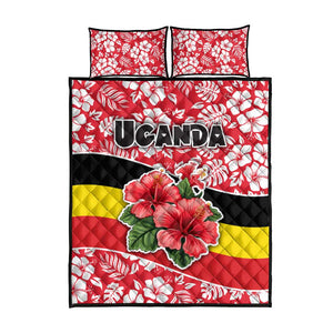Uganda Quilt Bed Set - Red Hibiscus Flowers and National Flag Design