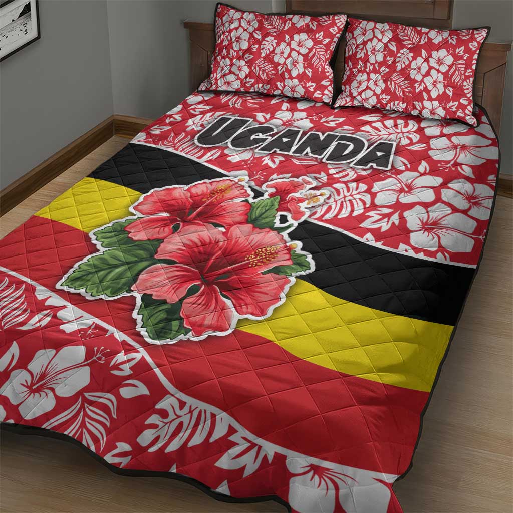 Uganda Quilt Bed Set - Red Hibiscus Flowers and National Flag Design