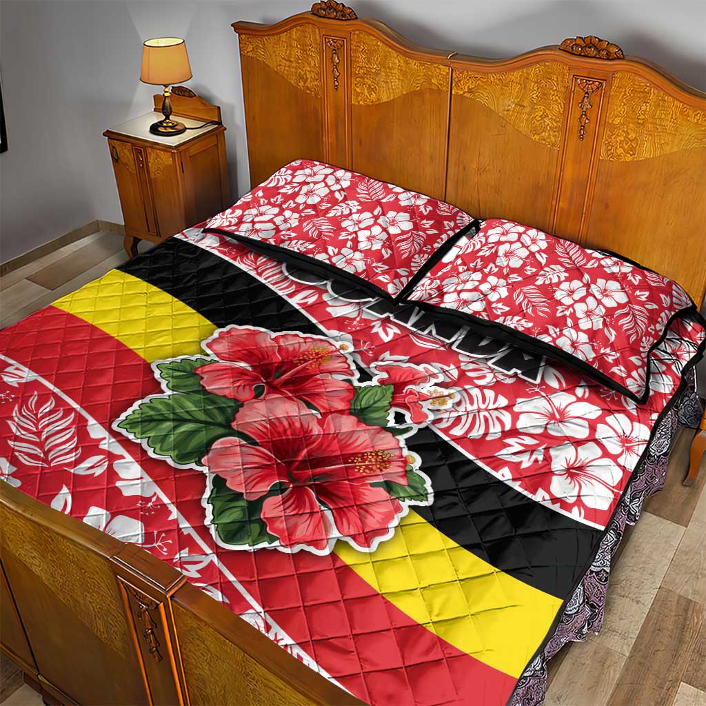 Uganda Quilt Bed Set - Red Hibiscus Flowers and National Flag Design