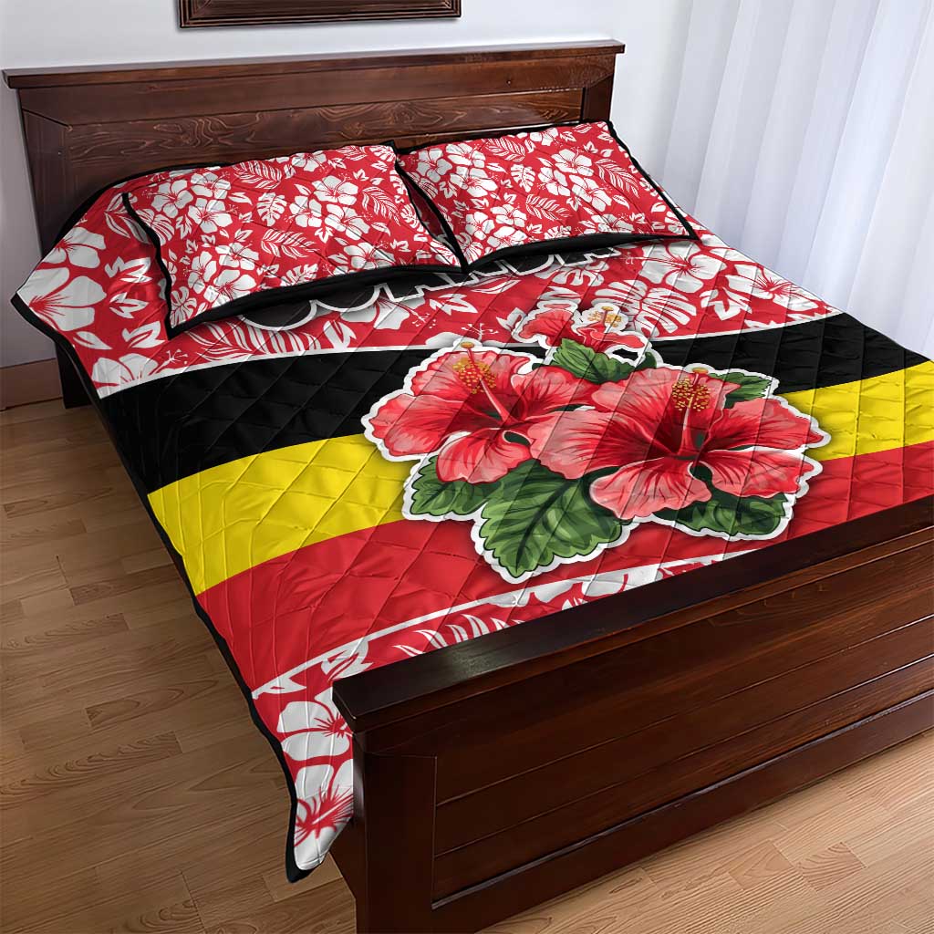 Uganda Quilt Bed Set - Red Hibiscus Flowers and National Flag Design