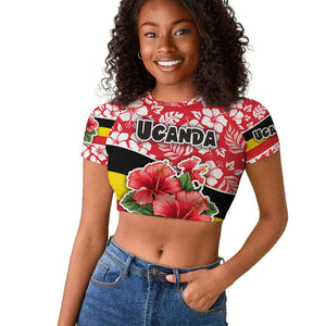Uganda Raglan Cropped T shirt - Red Hibiscus Flowers and National Flag Design