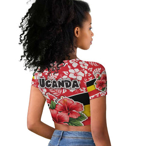 Uganda Raglan Cropped T shirt - Red Hibiscus Flowers and National Flag Design
