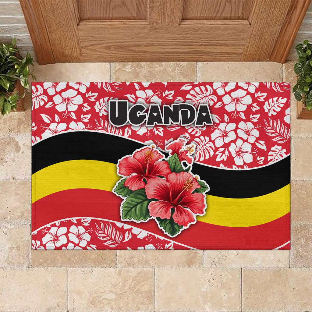 Uganda Rubber Doormat - Red Hibiscus Flowers and National Flag Design