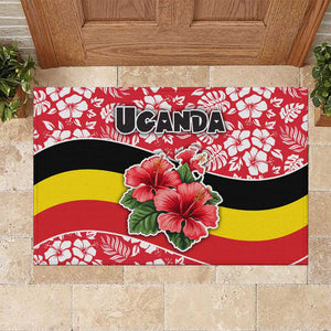 Uganda Rubber Doormat - Red Hibiscus Flowers and National Flag Design