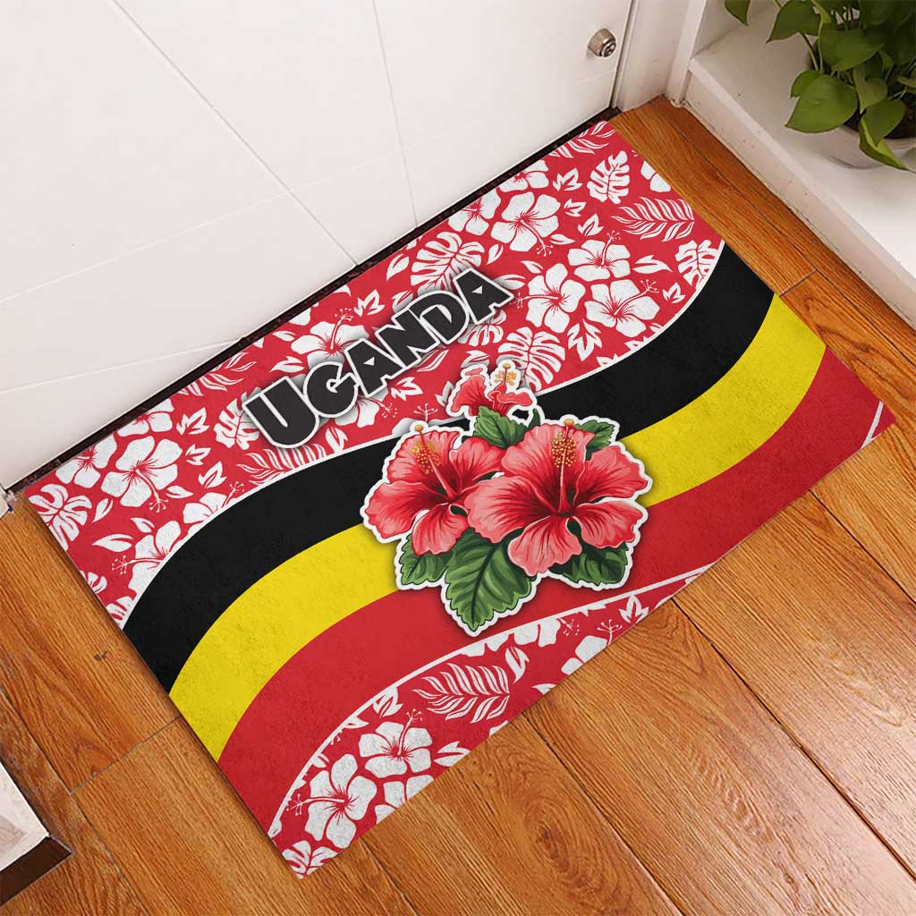 Uganda Rubber Doormat - Red Hibiscus Flowers and National Flag Design