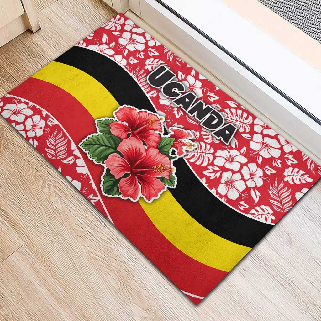 Uganda Rubber Doormat - Red Hibiscus Flowers and National Flag Design