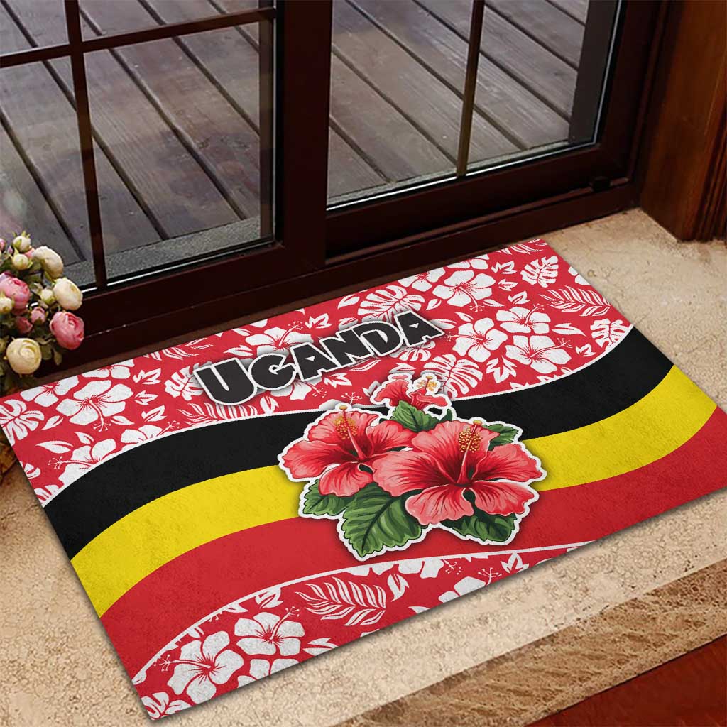 Uganda Rubber Doormat - Red Hibiscus Flowers and National Flag Design