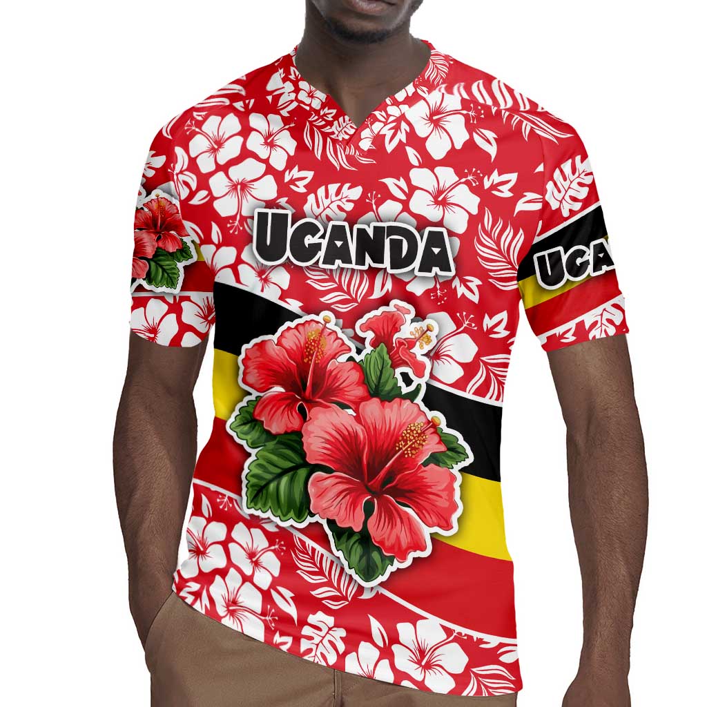 Uganda Rugby Jersey - Red Hibiscus Flowers and National Flag Design