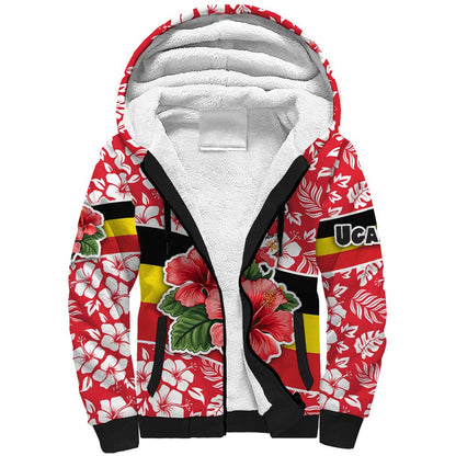 Uganda Sherpa Hoodie - Red Hibiscus Flowers and National Flag Design