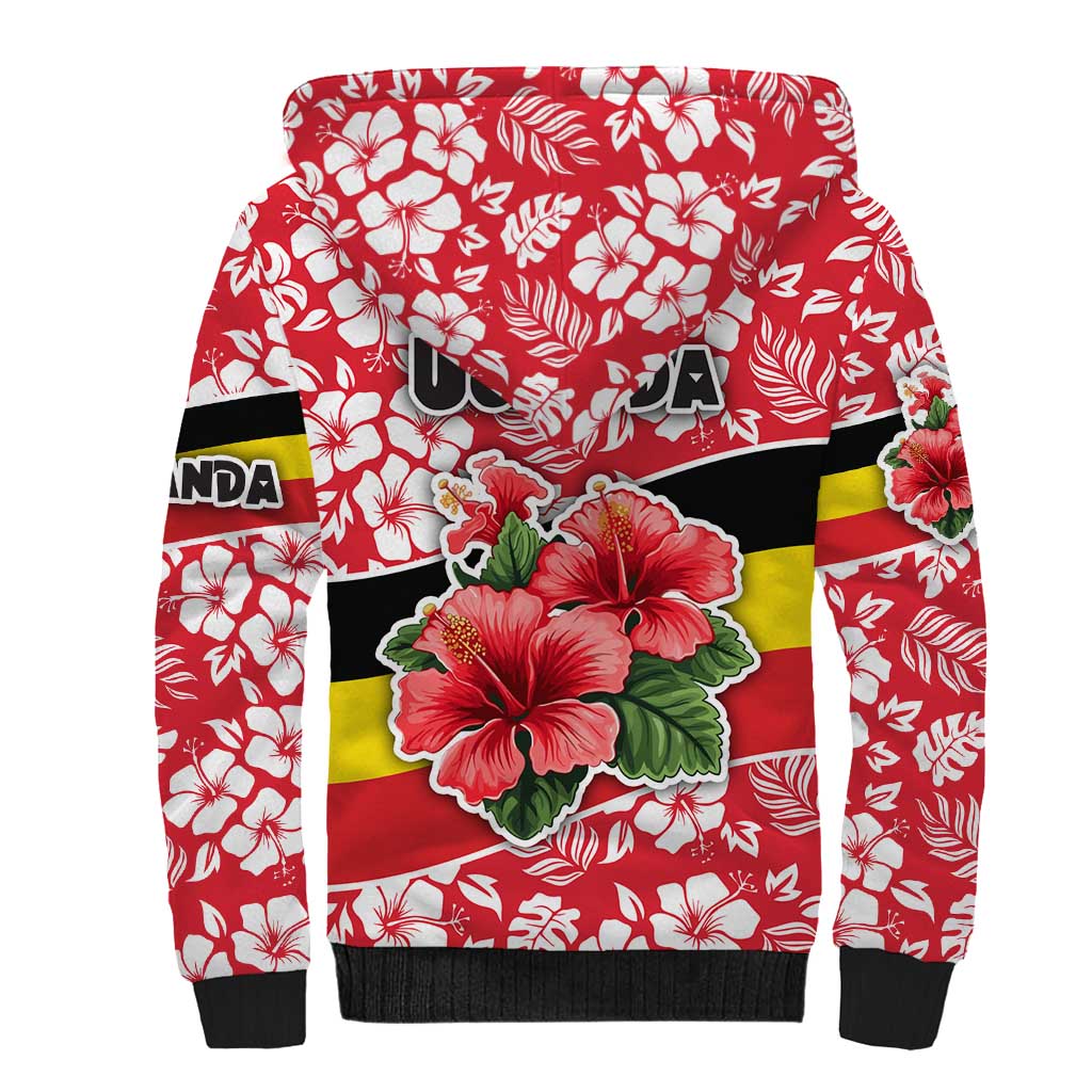 Uganda Sherpa Hoodie - Red Hibiscus Flowers and National Flag Design