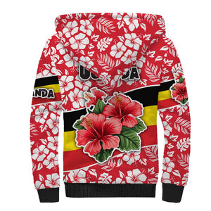 Uganda Sherpa Hoodie - Red Hibiscus Flowers and National Flag Design