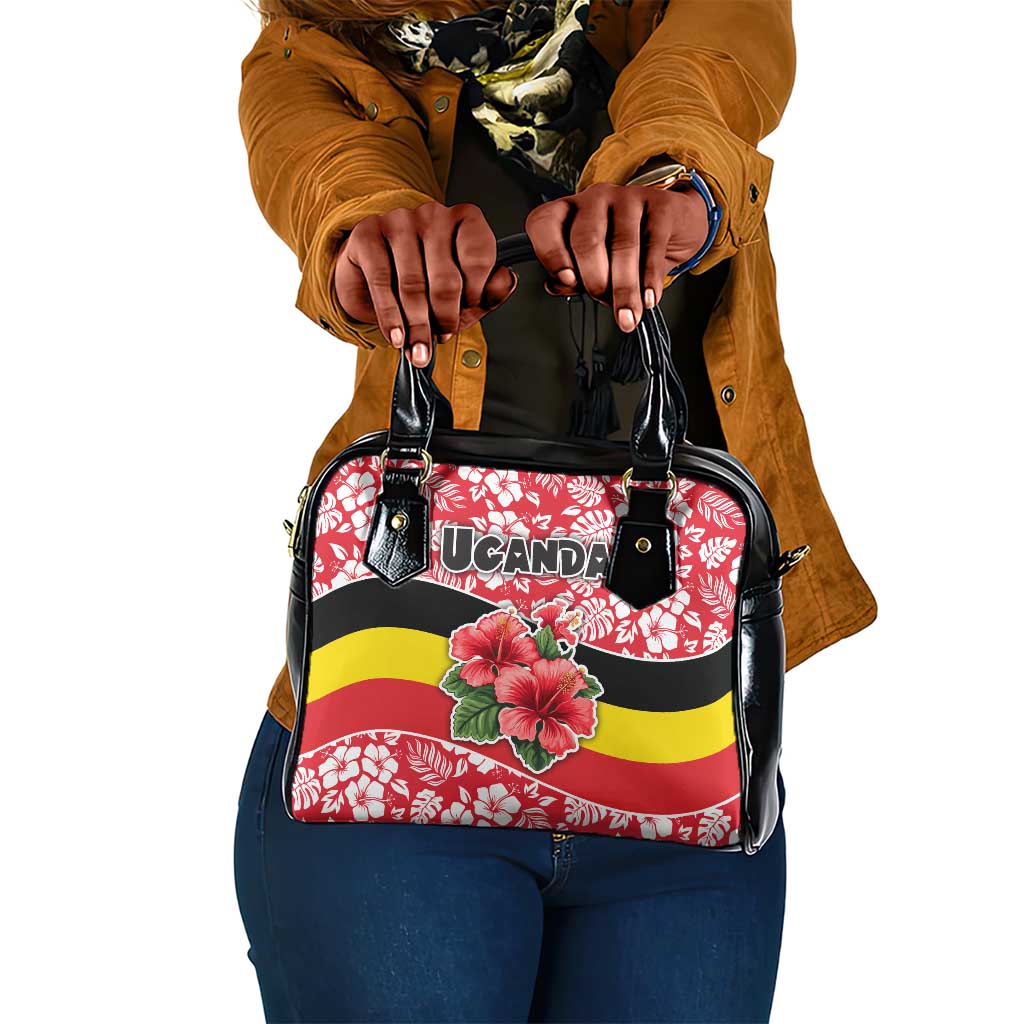 Uganda Shoulder Handbag - Red Hibiscus Flowers and National Flag Design
