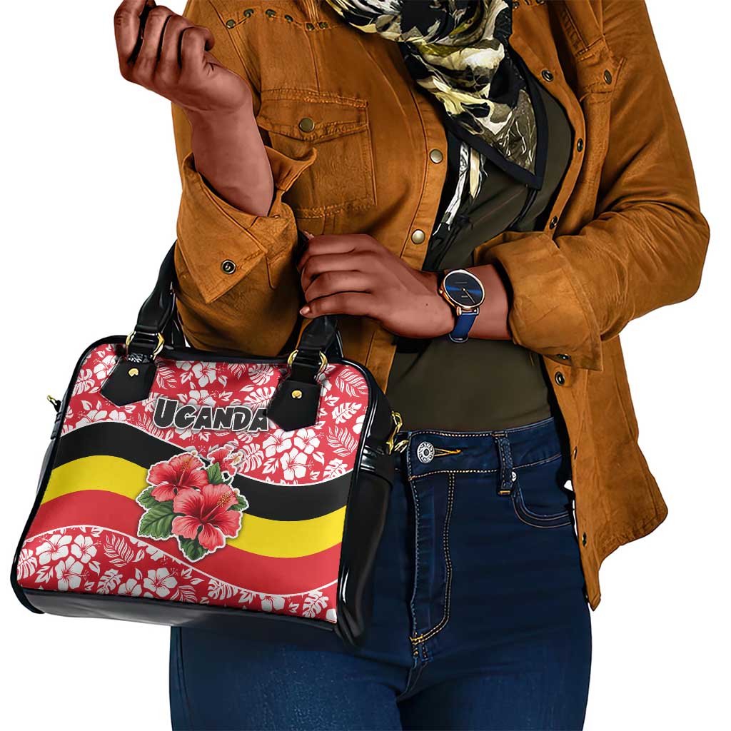 Uganda Shoulder Handbag - Red Hibiscus Flowers and National Flag Design