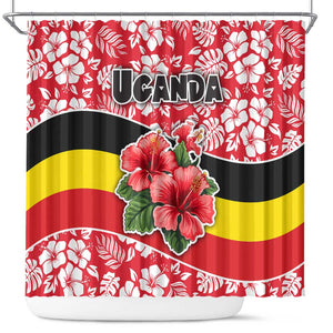 Uganda Shower Curtain - Red Hibiscus Flowers and National Flag Design