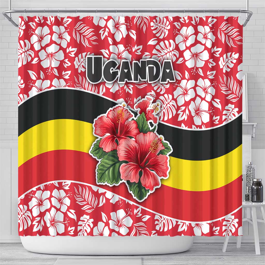 Uganda Shower Curtain - Red Hibiscus Flowers and National Flag Design