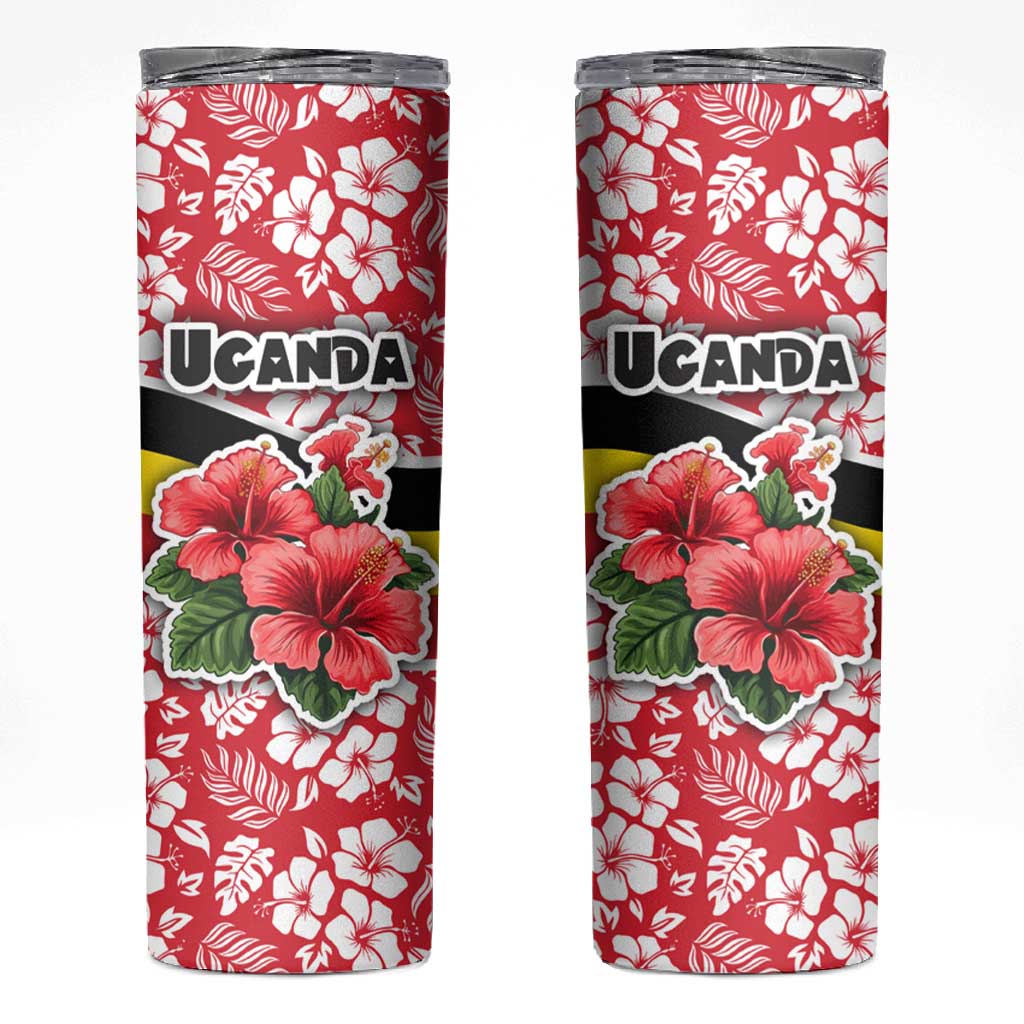 Uganda Skinny Tumbler - Red Hibiscus Flowers and National Flag Design