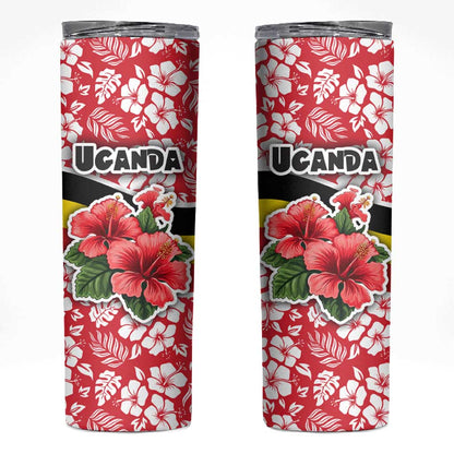 Uganda Skinny Tumbler - Red Hibiscus Flowers and National Flag Design