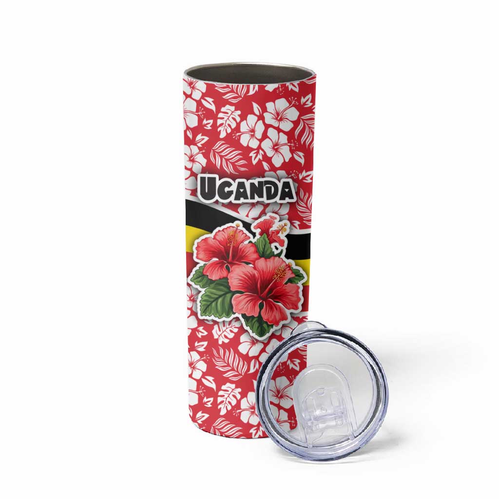 Uganda Skinny Tumbler - Red Hibiscus Flowers and National Flag Design