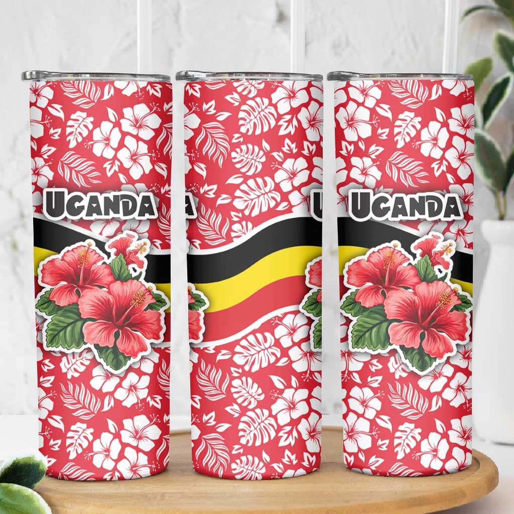 Uganda Skinny Tumbler - Red Hibiscus Flowers and National Flag Design